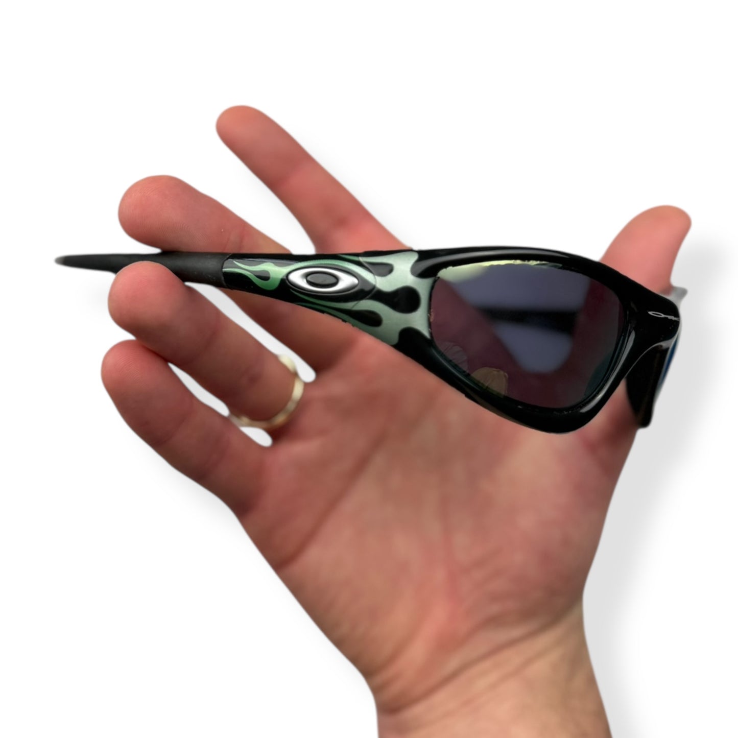 1999 Oakley Straight Jacket Jet Black Emerald Flames/Emerald Lens Sunglasses