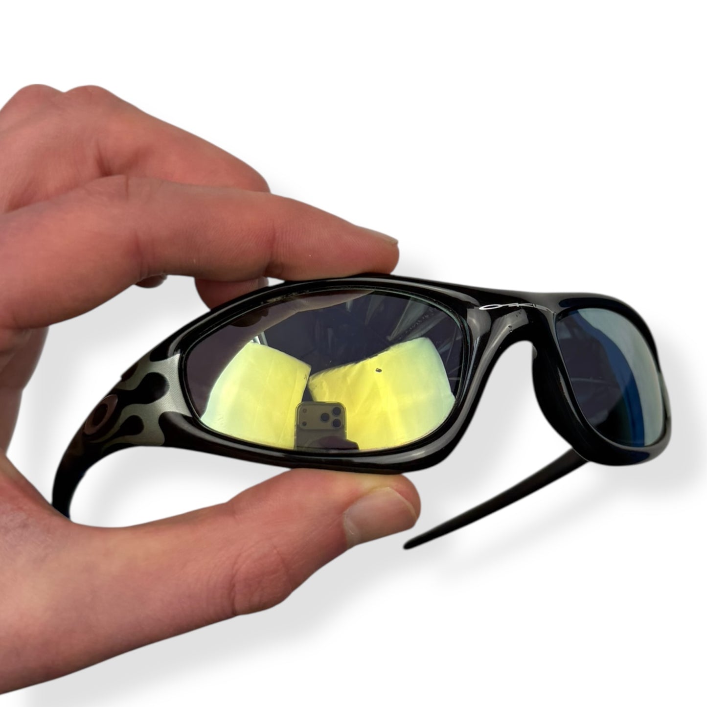 1999 Oakley Straight Jacket Jet Black Emerald Flames/Emerald Lens Sunglasses