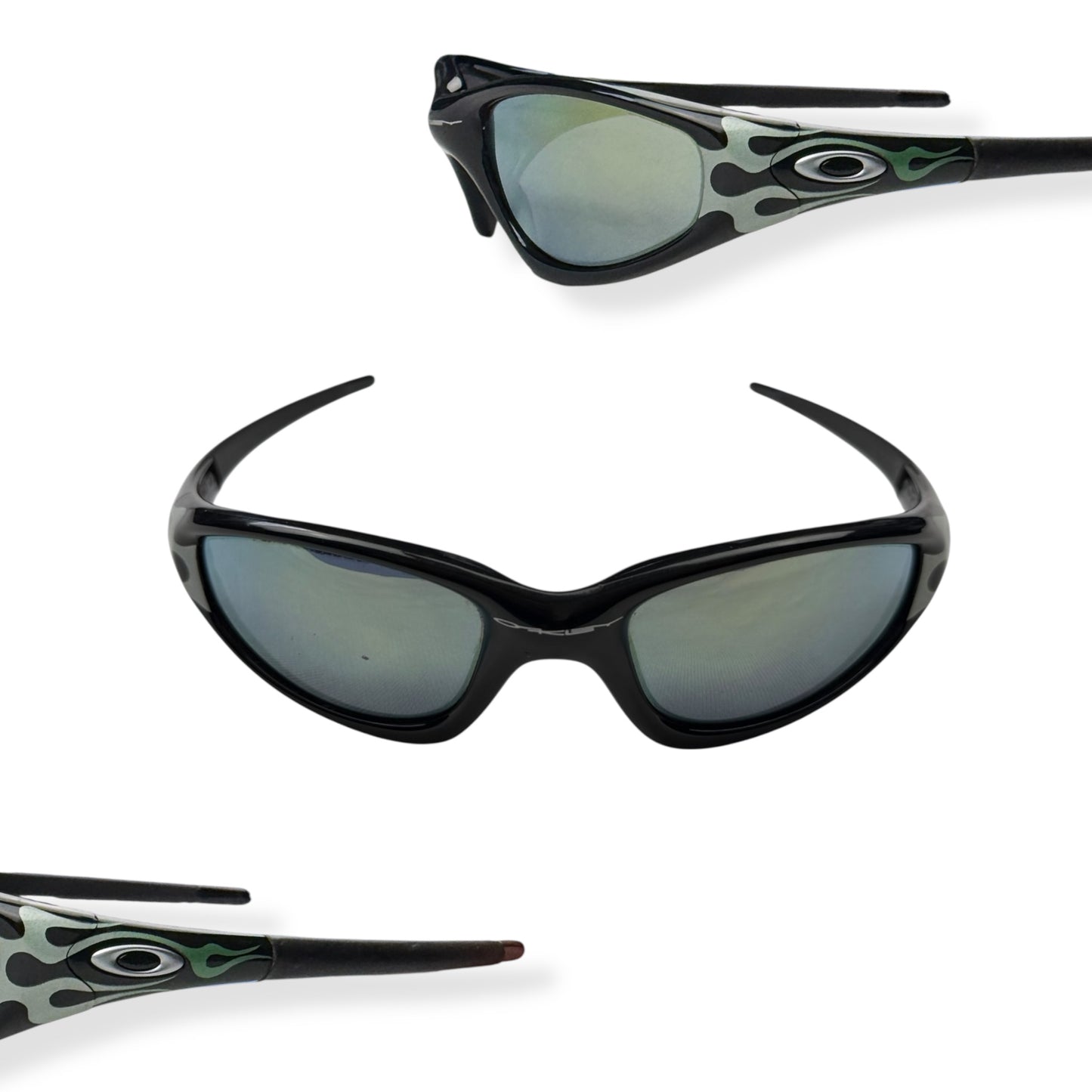 1999 Oakley Straight Jacket Jet Black Emerald Flames/Emerald Lens Sunglasses